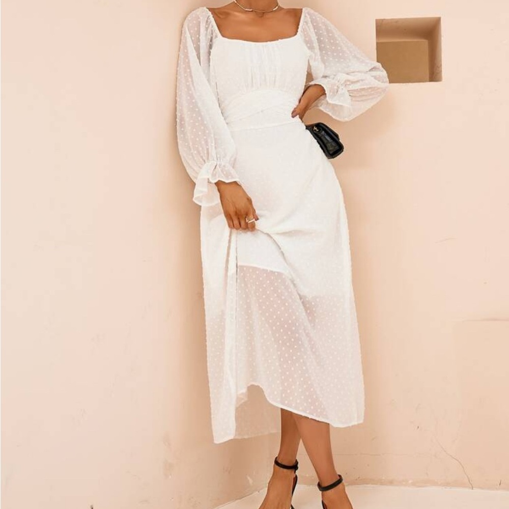 SHEIN off the shoulder flounce sleeve tie back dress. Size M